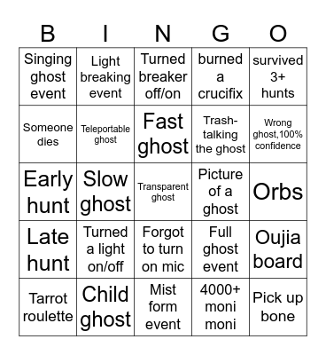 Phasmophobia Bingo Card