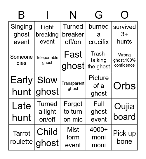 Phasmophobia Bingo Card