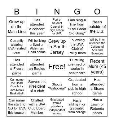 UVA Club Bingo Card