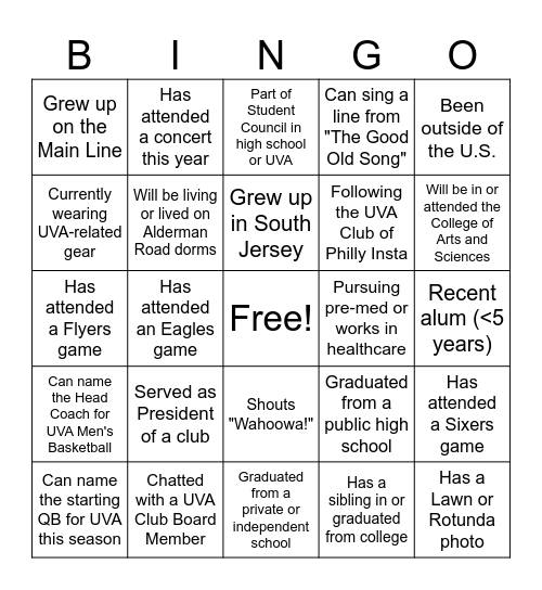 UVA Club Bingo Card