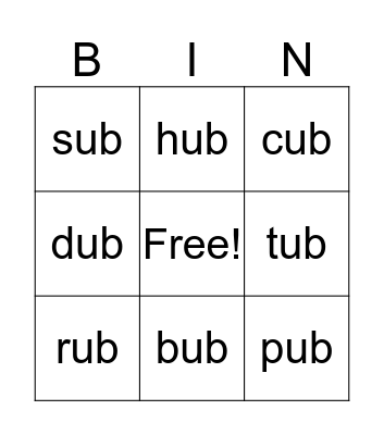 -ub word family  Bingo Card