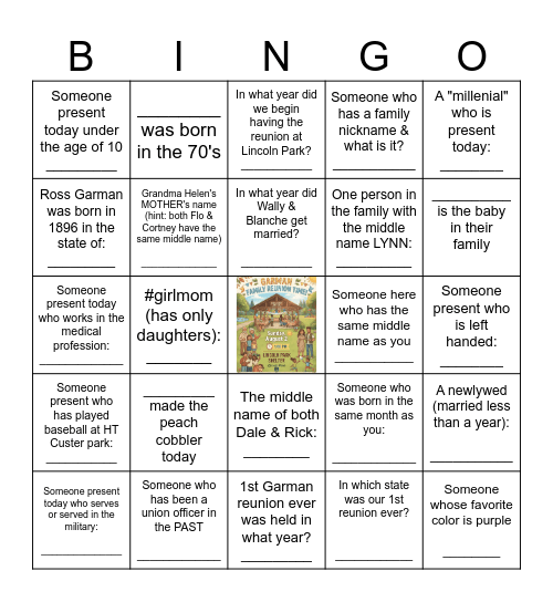 Garman Family Bingo 2026 Bingo Card