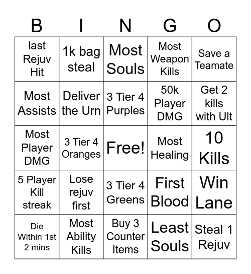 Deadlock Bingo Card