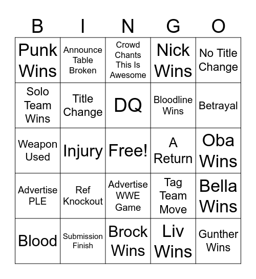 WWE Summerslam Saturday Bingo Card