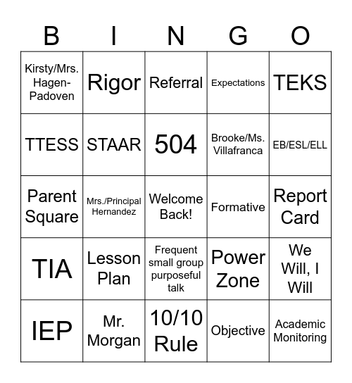 Welcome Back Bingo! Bingo Card
