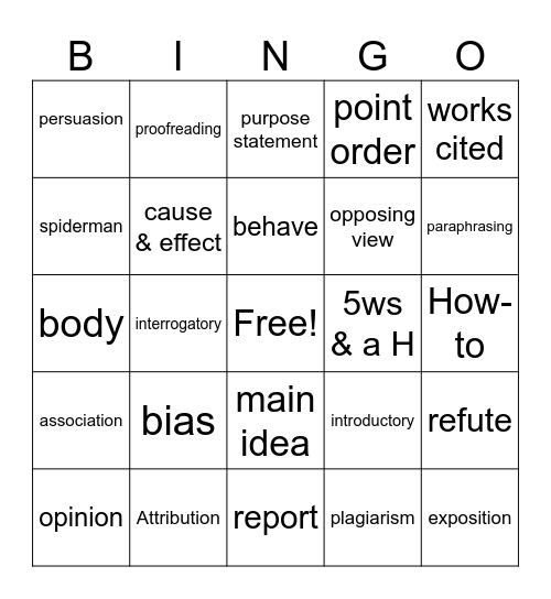 Jump In Writing Fall Semester Bingo Card
