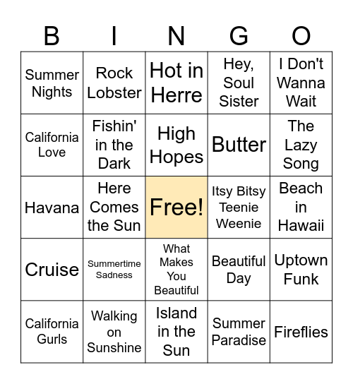 Summer Music Bingo Card