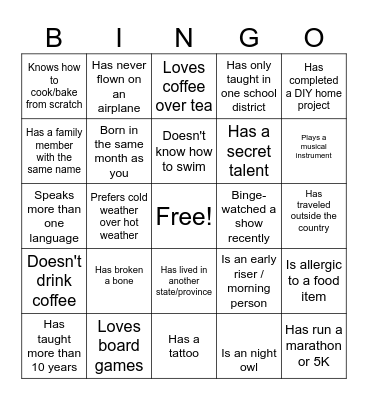 Back to School Bingo Card