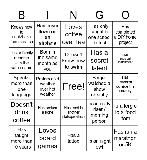Back to School Bingo Card