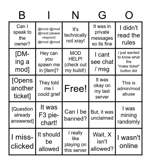 Moderator Bingo Card