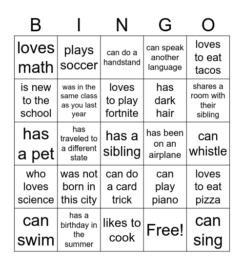 FIND A CLASSMATE Bingo Card