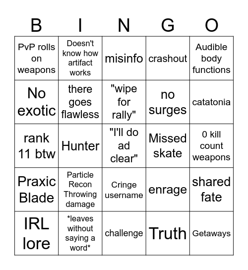 LFG bingo Card