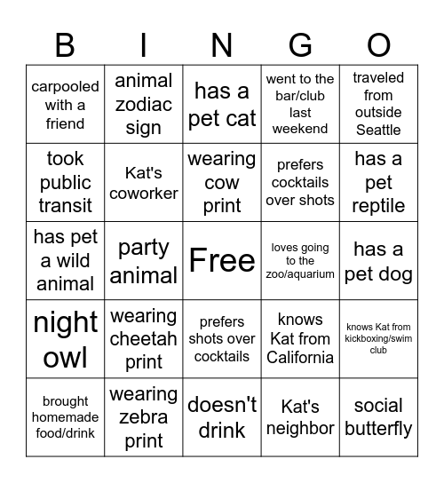 Kat's Birthday "Party Animal" Bingo Card