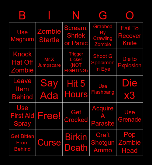 Resident Evil 2 BINGOR Bingo Card