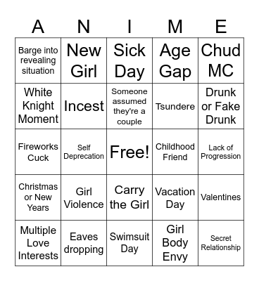 Romance Anime Bingo Card