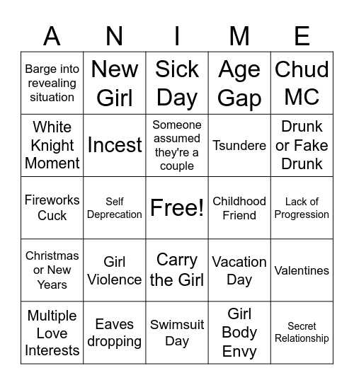 Romance Anime Bingo Card