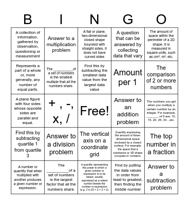 6th Grade Math Vocabulary Review Bingo Card