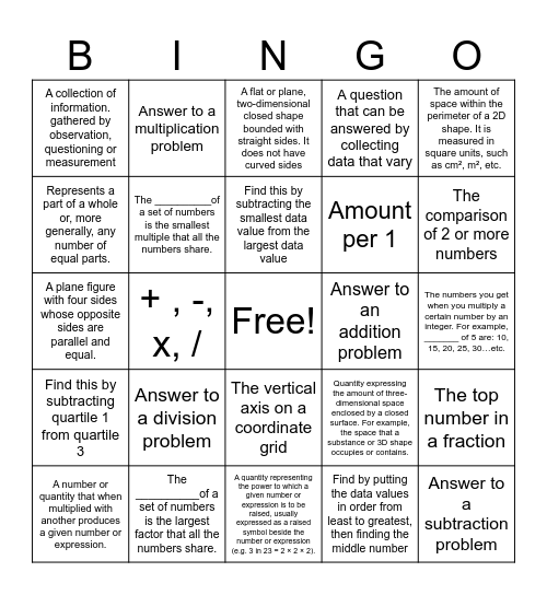 6th Grade Math Vocabulary Review Bingo Card