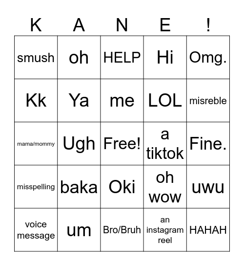 Kane Bingo Card