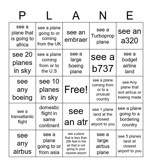 Plane spotting bingo Card