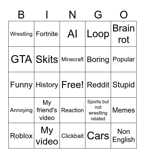 YouTube shorts bingo Card
