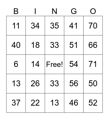 BINGO ! Bingo Card