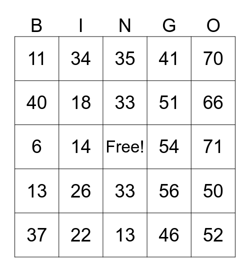 BINGO ! Bingo Card
