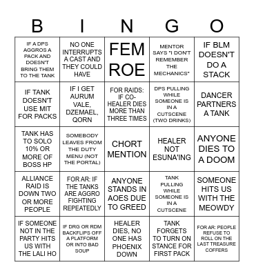 Final Fantasy 14 Daily Roulette Bingo Card