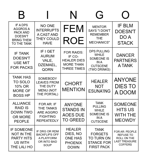 Final Fantasy 14 Daily Roulette Bingo Card