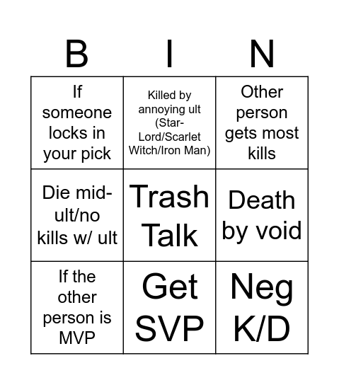 Rivals Bingo 2 Bingo Card