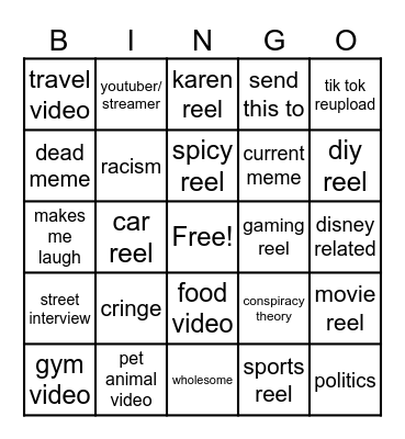 Instagram reel bingo Card