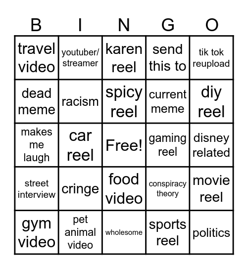 Instagram reel bingo Card