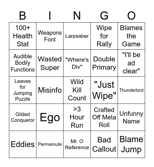 Raid LFG Bingo Card