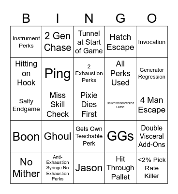 Dead by Daylight Chaos Shuffle Bingo Card