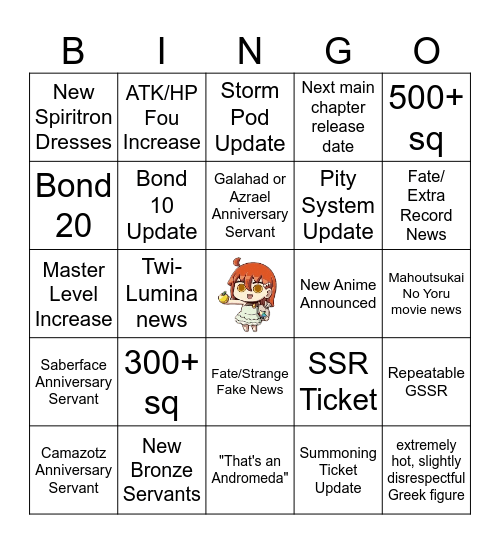 FGO 11th Anniversary Bingo Card