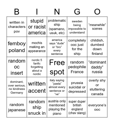 hetalia fanfic bingo Card