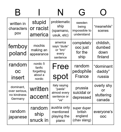 hetalia fanfic bingo Card
