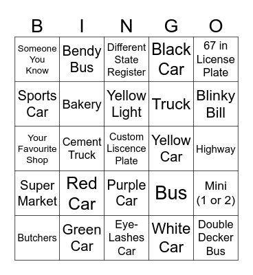 Car Ride Bingo Card