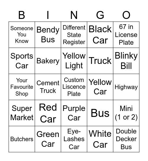 Car Ride Bingo Card