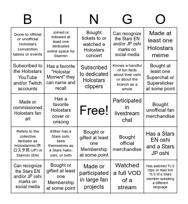 Starmin Bingo Card