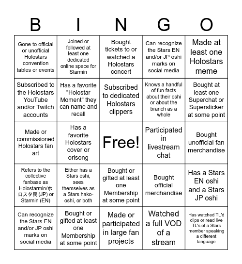 Starmin Bingo Card