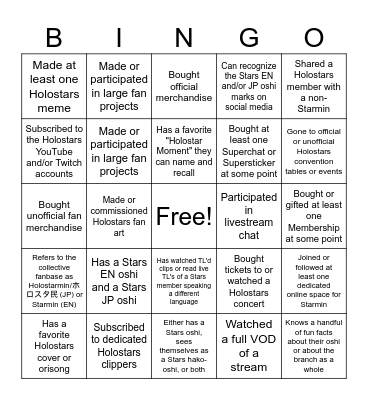Starmin Bingo Card