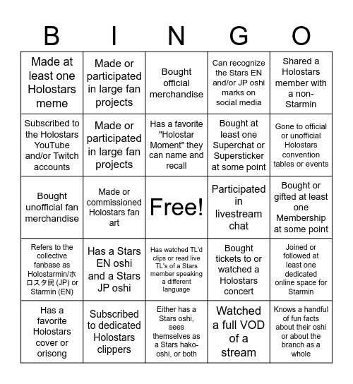 Starmin Bingo Card
