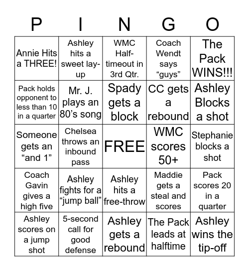 WMC GIRLS BB PackINGO Bingo Card