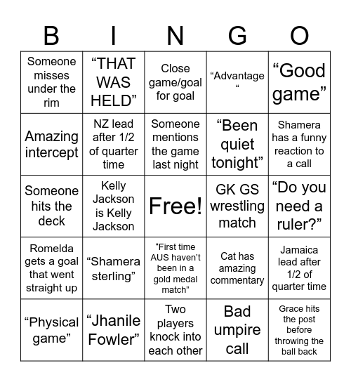 Ferns Vs Sunshine girls Bingo Card