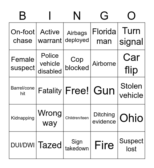 Police Chase Bingo Card