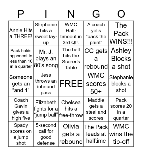 WMC GIRLS BB PackINGO Bingo Card