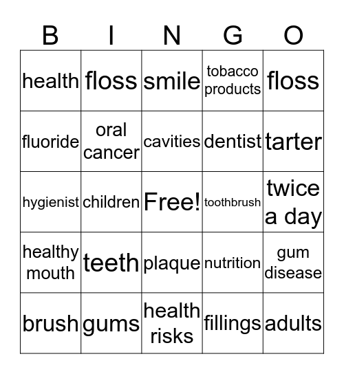 Oral Health Bingo Card