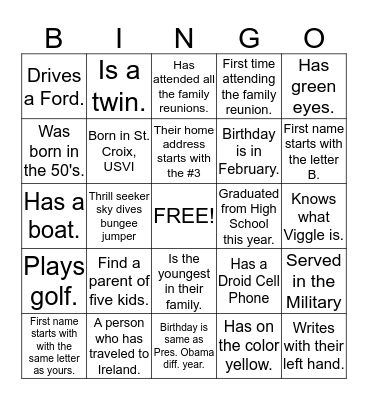 Clark Brunson Nathan 17th Family Reunion Bingo Card