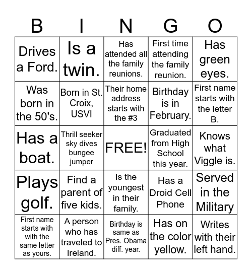 Clark Brunson Nathan 17th Family Reunion Bingo Card